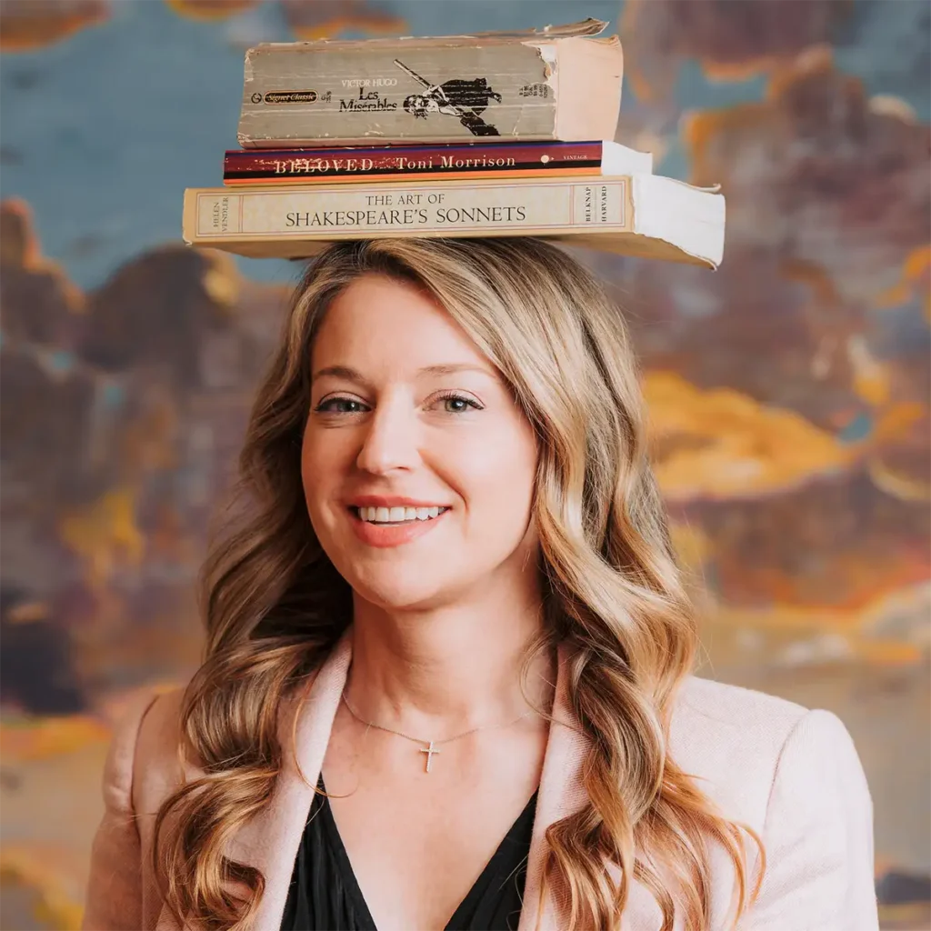 Sarah with books on her head